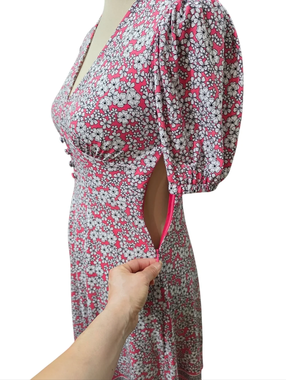 Michael Kors Floral Dress Pink White V Neck Puff Sleeve Fit Flare XXS - Picture 3 of 6